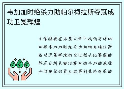 韦加加时绝杀力助帕尔梅拉斯夺冠成功卫冕辉煌