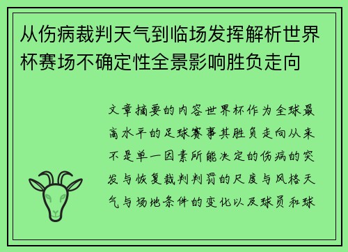 从伤病裁判天气到临场发挥解析世界杯赛场不确定性全景影响胜负走向