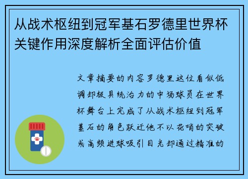 从战术枢纽到冠军基石罗德里世界杯关键作用深度解析全面评估价值